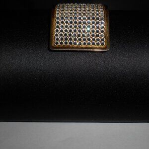 BLACK SATIN HARD TOP EVENING BAG WITH GOLD PLATED & RHINSTONE BUCKEL